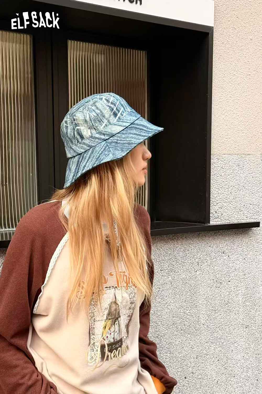 ELFSACK Denim Sequin Bucket Hat in Light Blue for Stylish Summer Outings