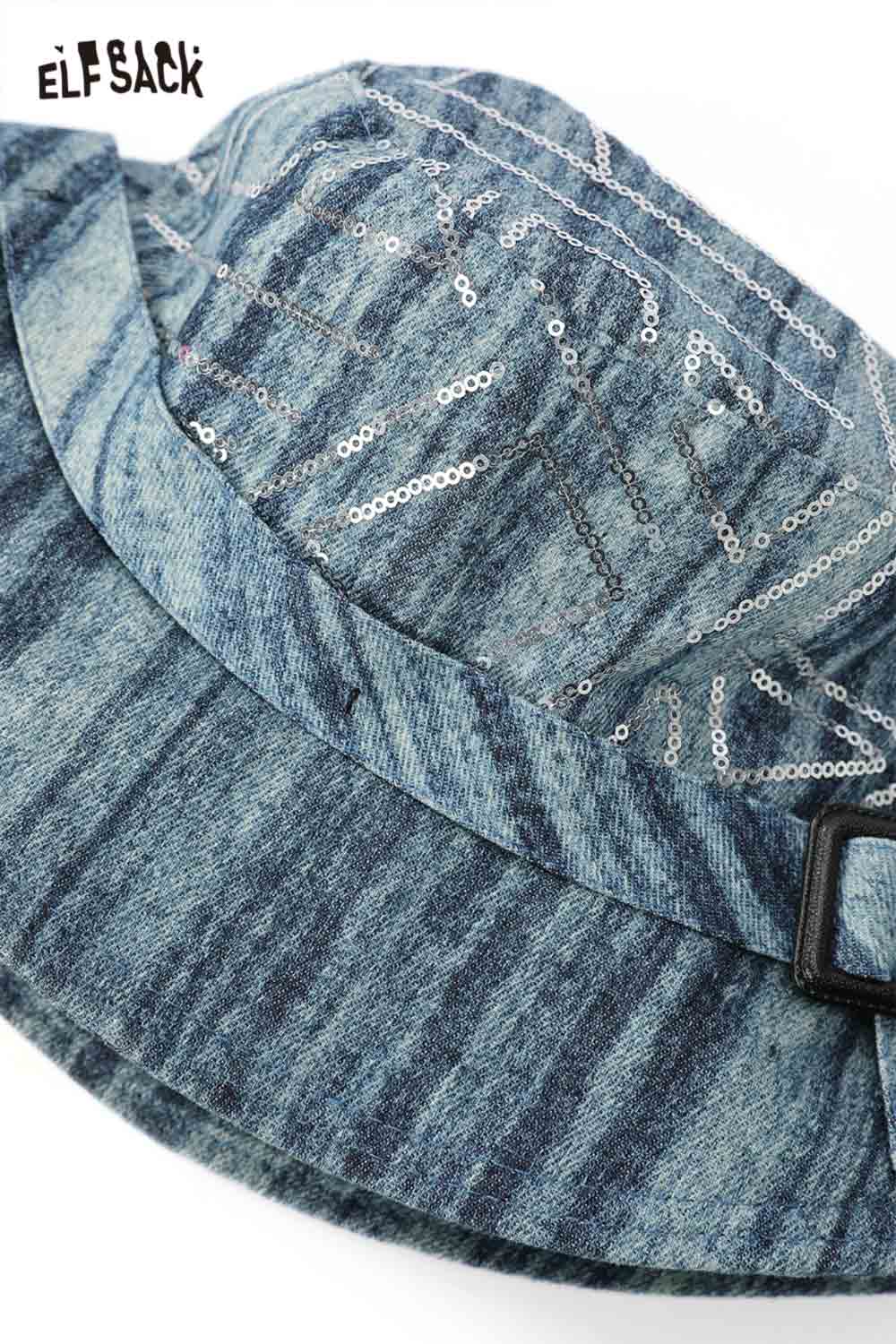 ELFSACK denim sequin bucket hat with a stylish design and shimmering sequins for a trendy look