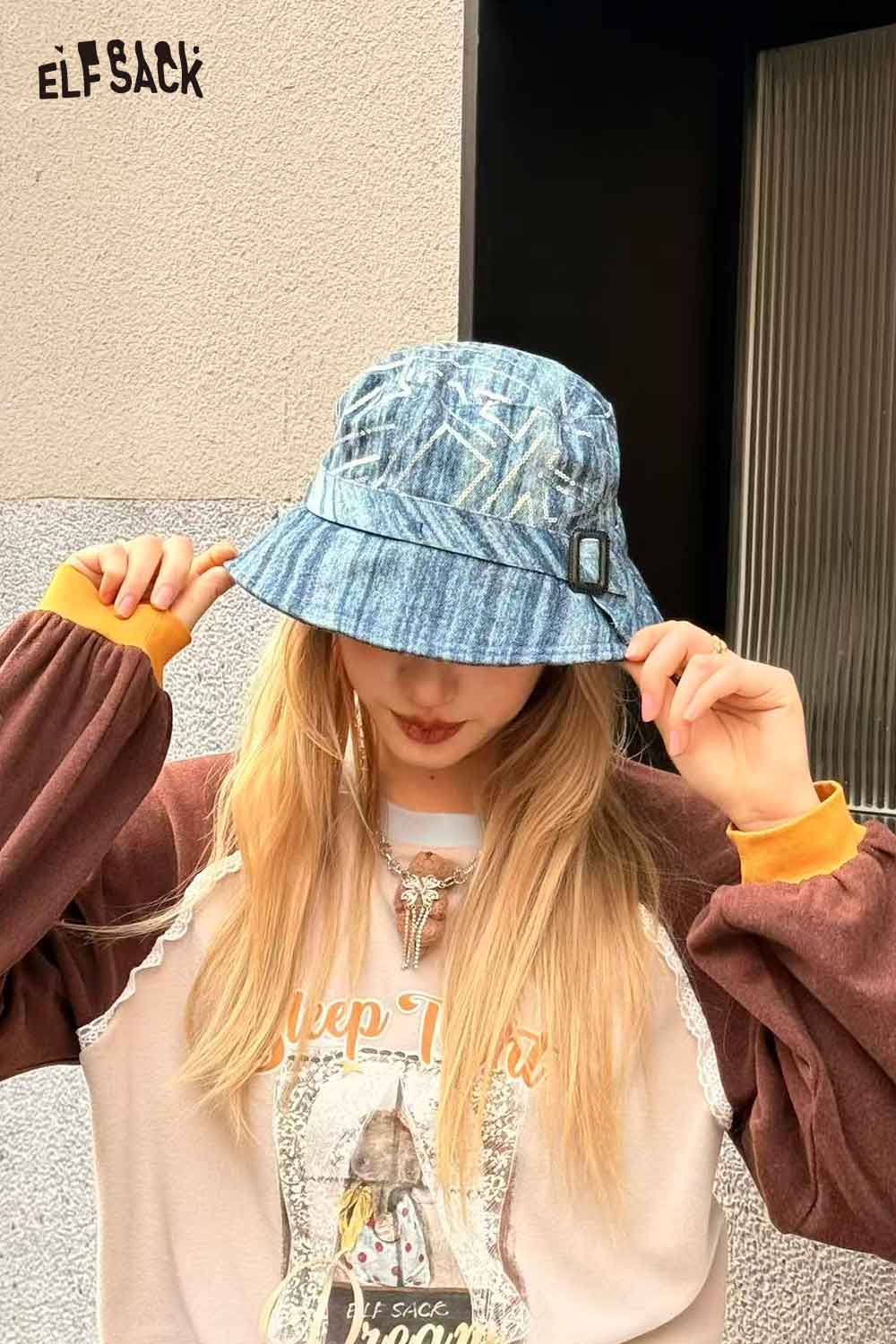 ELFSACK denim sequin bucket hat featuring a stylish design and adjustable strap for a trendy look