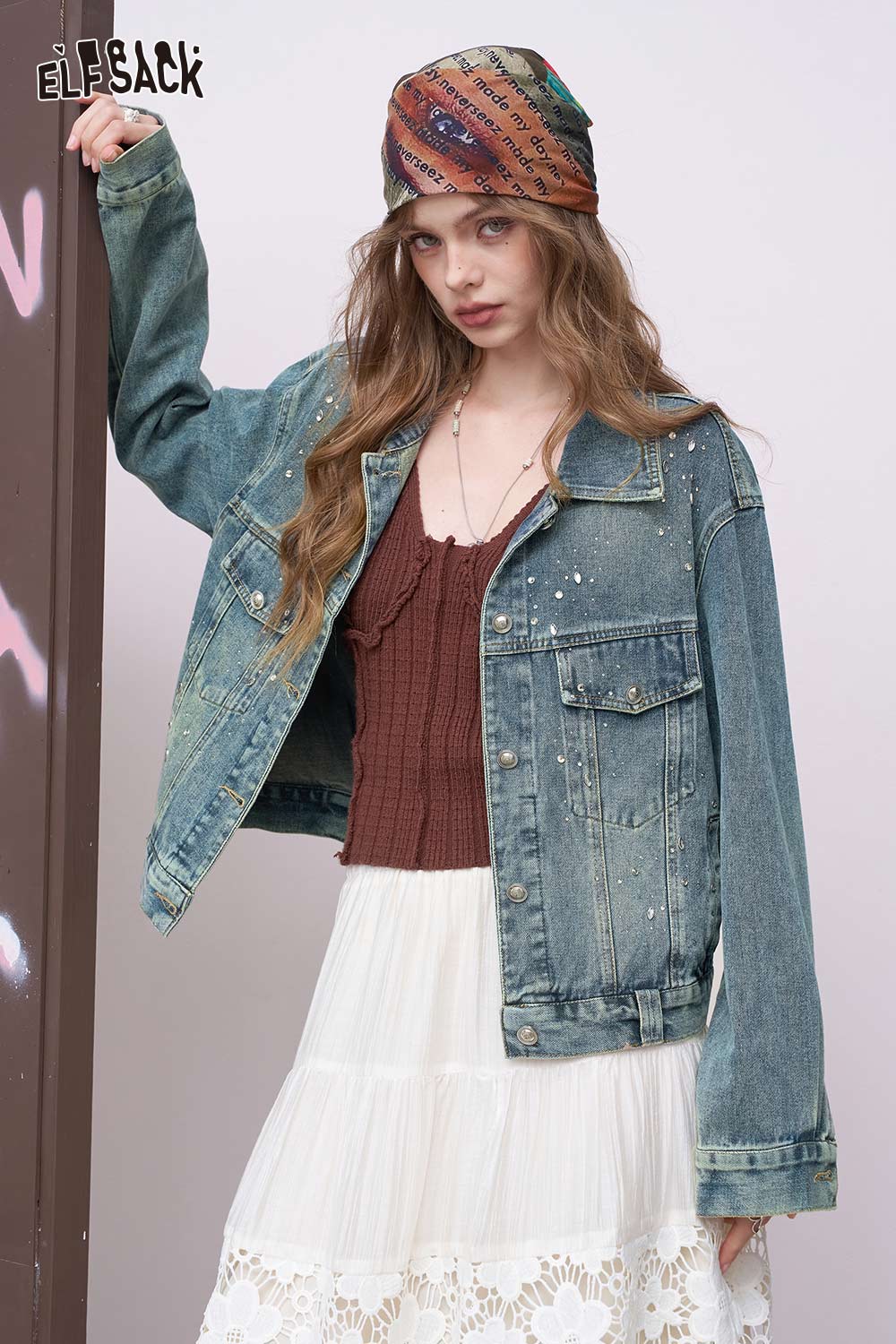 ELFSACK women's diamond embellished denim jacket styled oversized over brown knit top and white lace skirt