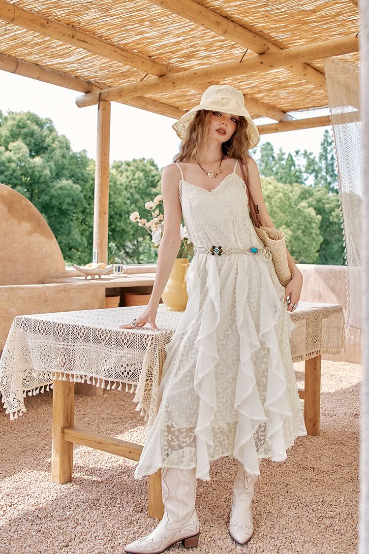 ELFSACK White Lace Vacation Style Halter Dress