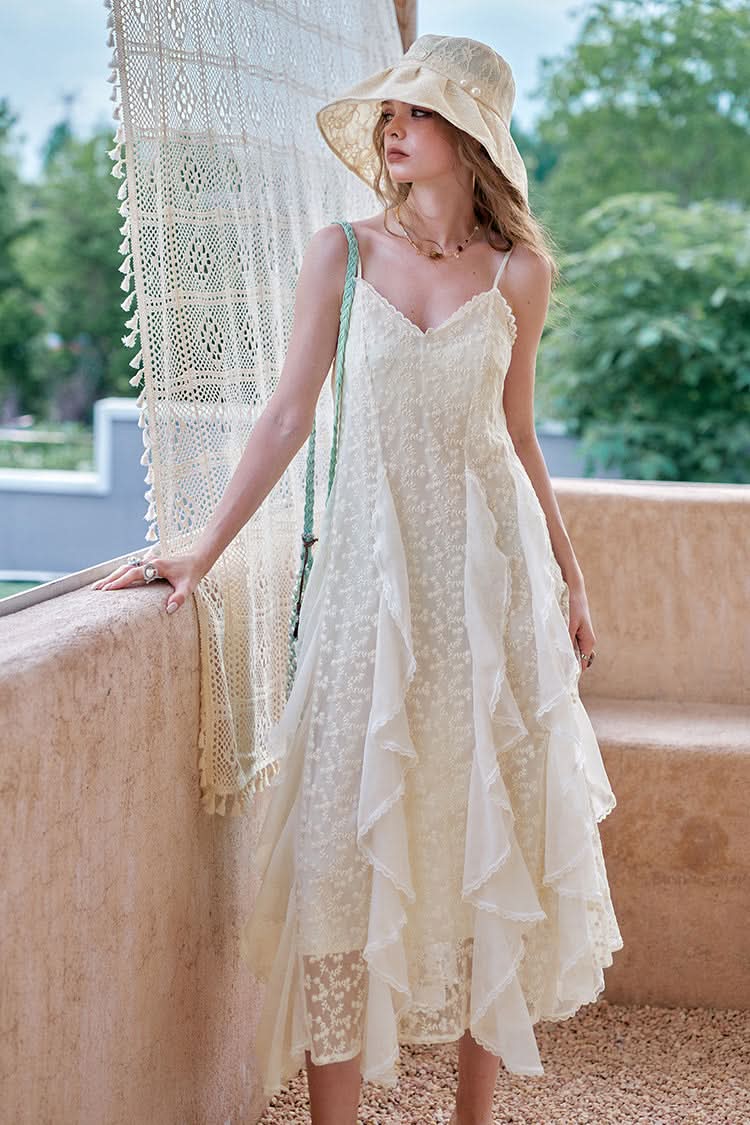 ELFSACK White Lace Vacation Style Halter Dress