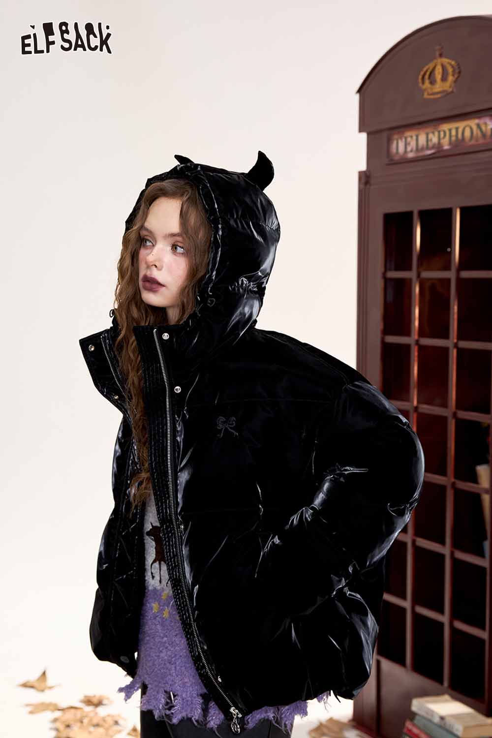 ELFSACK devil horn faux leather down jacket with a stylish hood and glossy finish