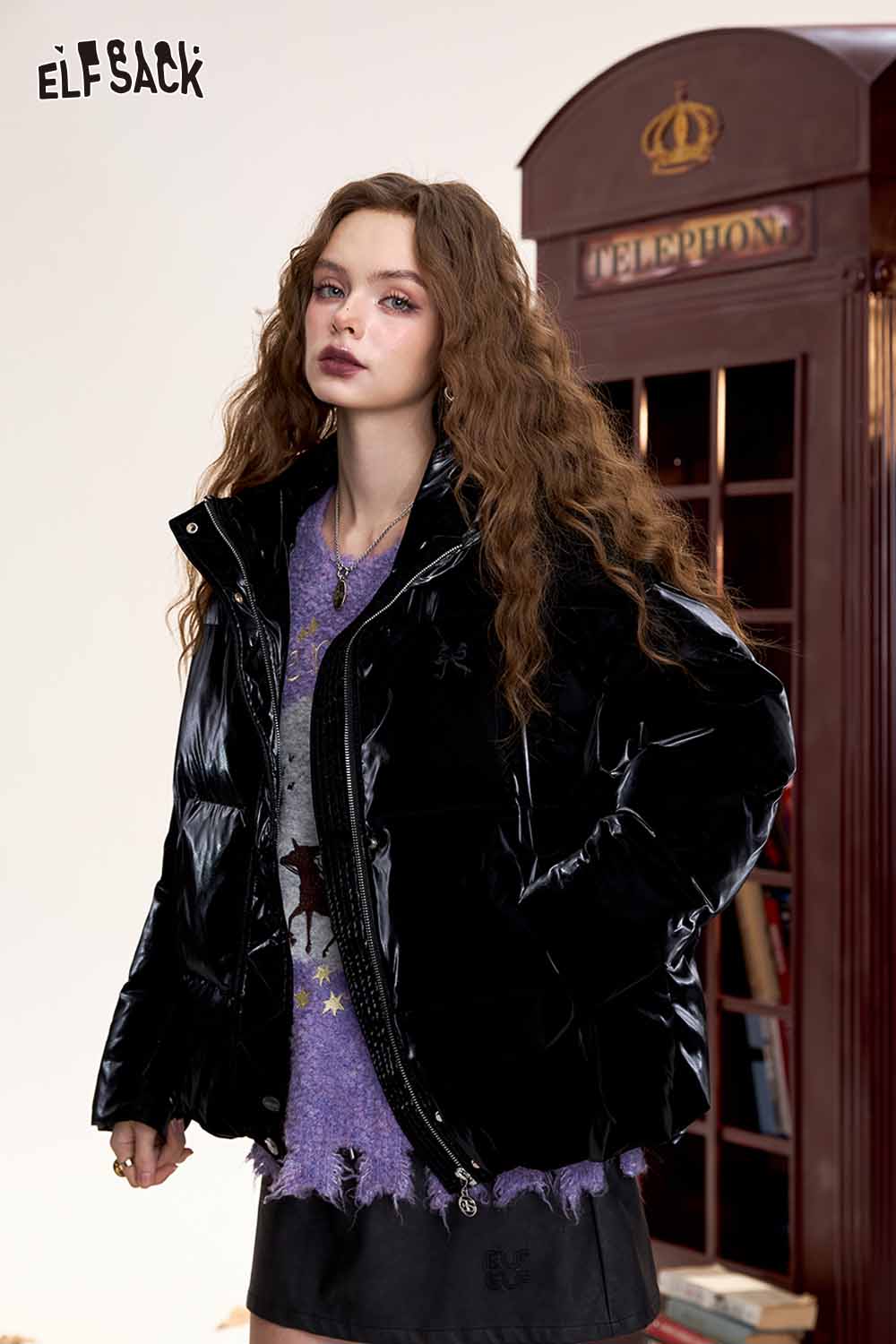 ELFSACK devil horn faux leather down jacket in black with a stylish glossy finish