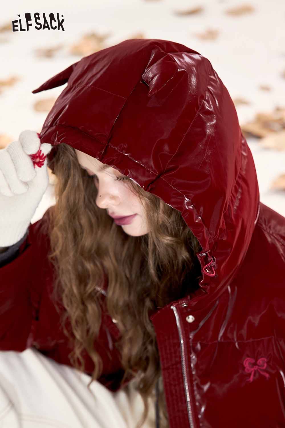 ELFSACK devil horn faux leather down jacket in red with unique hood design and stylish finish
