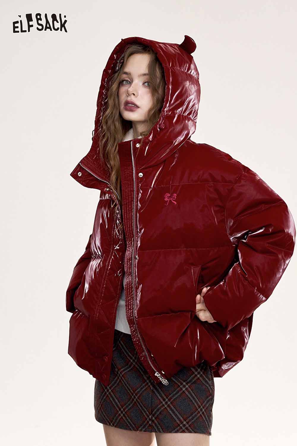 ELFSACK devil horn faux leather down jacket in glossy red, featuring a stylish oversized design