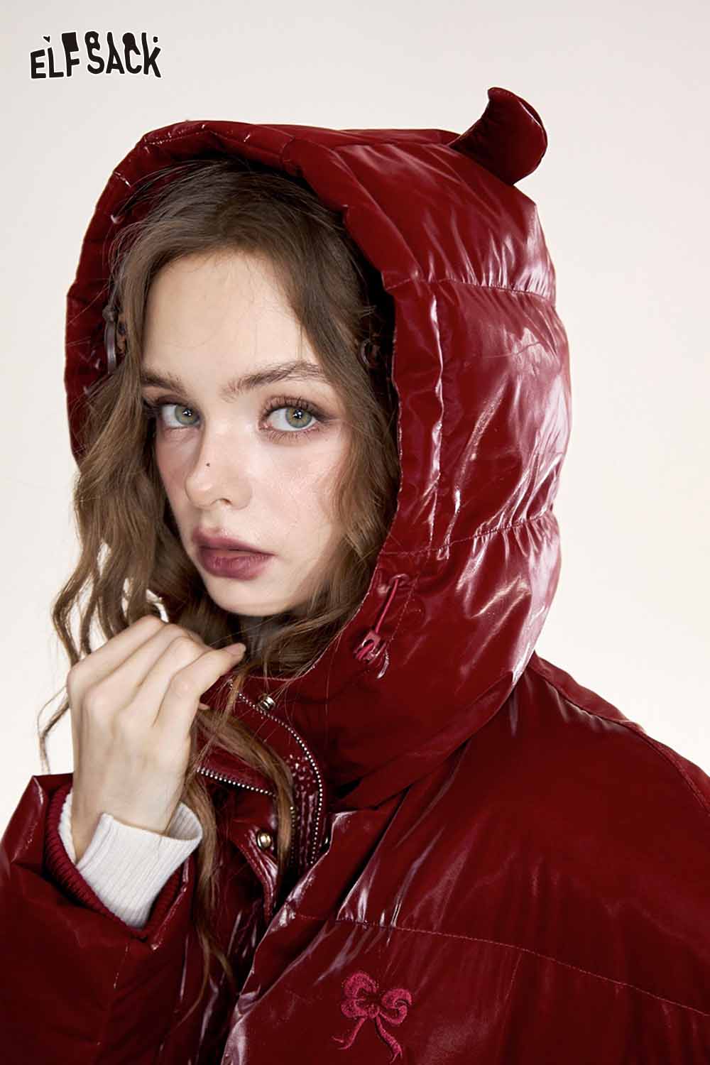 ELFSACK devil horn faux leather down jacket in red with hood and stylish design for a trendy look