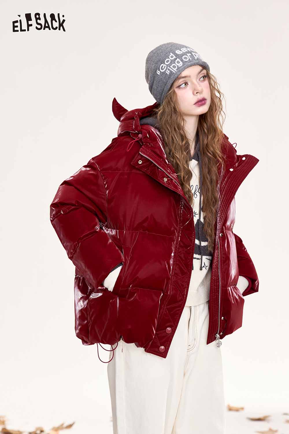 ELFSACK devil horn faux leather down jacket in burgundy, featuring a stylish puffer design and hood