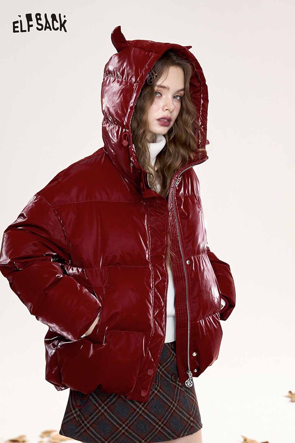 ELFSACK devil horn faux leather down jacket in shiny red with a hood and puffy design for stylish warmth
