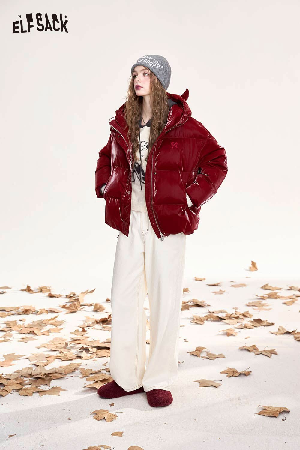 ELFSACK devil horn faux leather down jacket in red, perfect for stylish winter looks and warmth