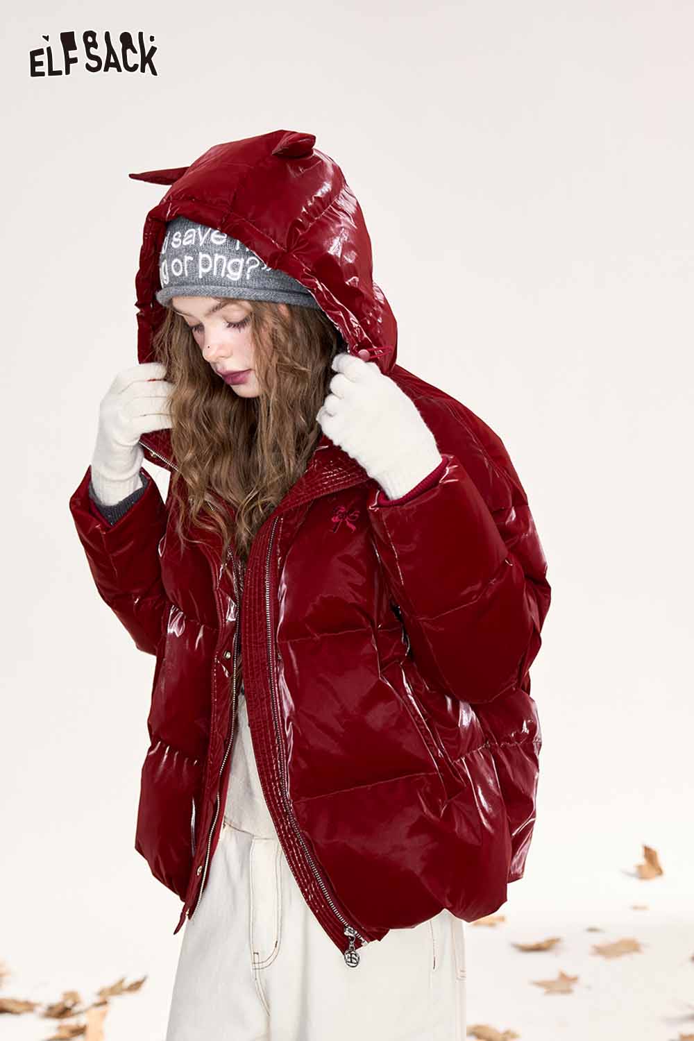 ELFSACK devil horn faux leather down jacket in shiny red, perfect for stylish winter warmth