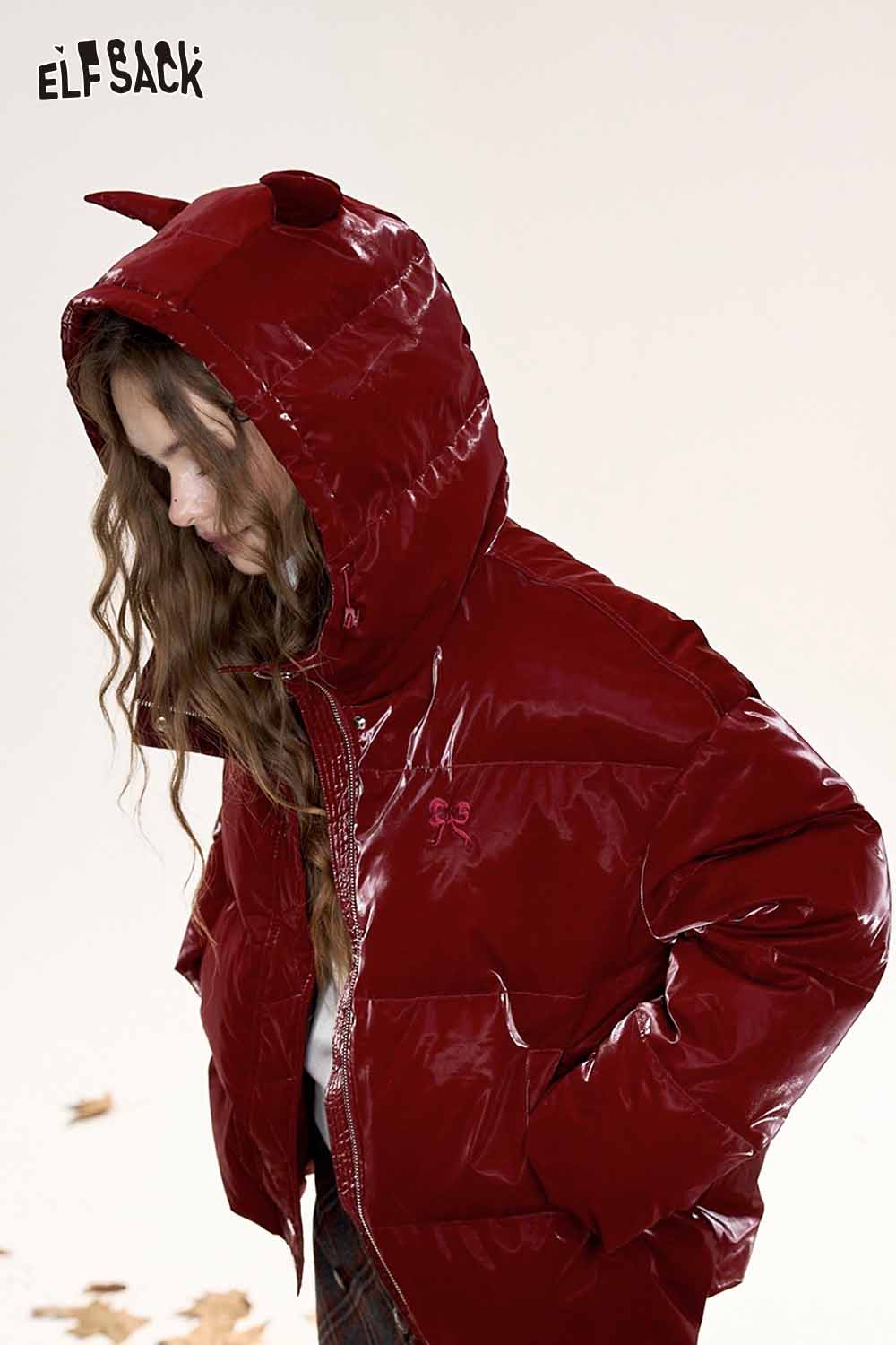 ELFSACK devil horn faux leather down jacket in glossy red with a hood and cute design