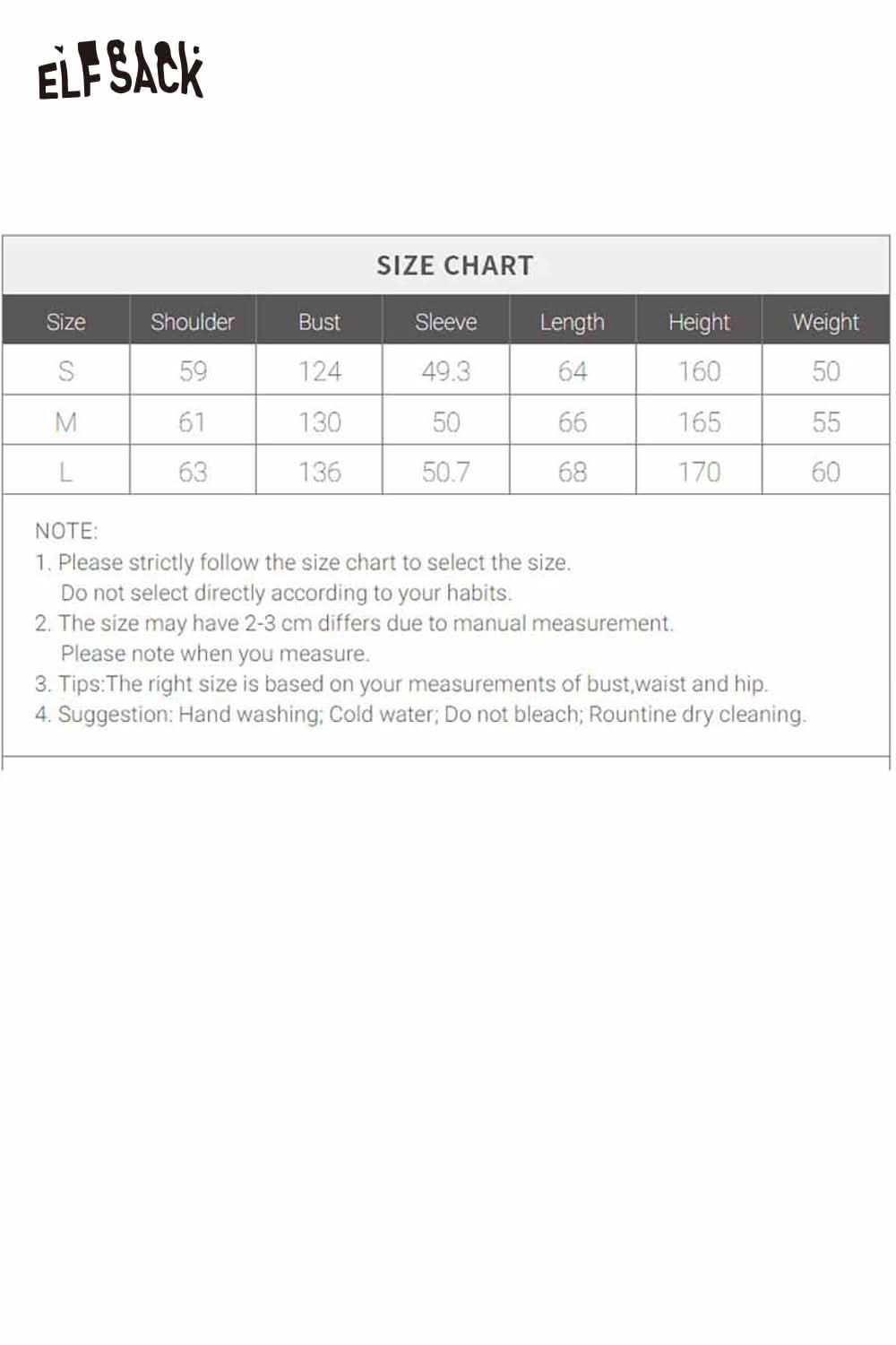 ELFSACK devil horn faux leather down jacket size chart for accurate fitting and measurement guidance