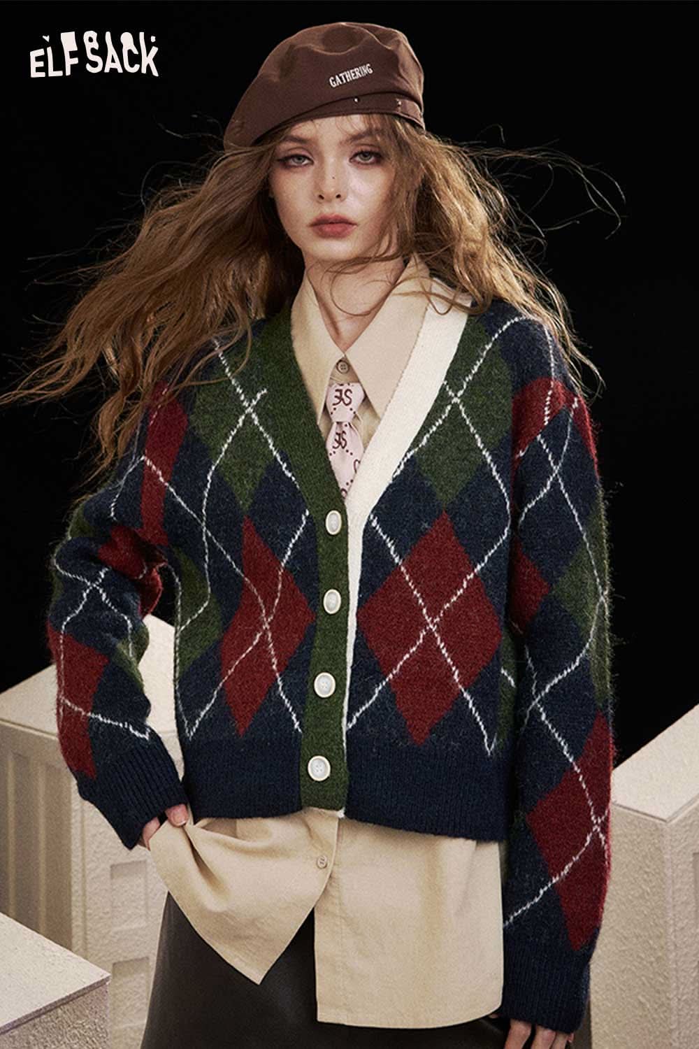 ELFSACK diamond pattern v neck sweater in multi-colored knit with button-down front and stylish design