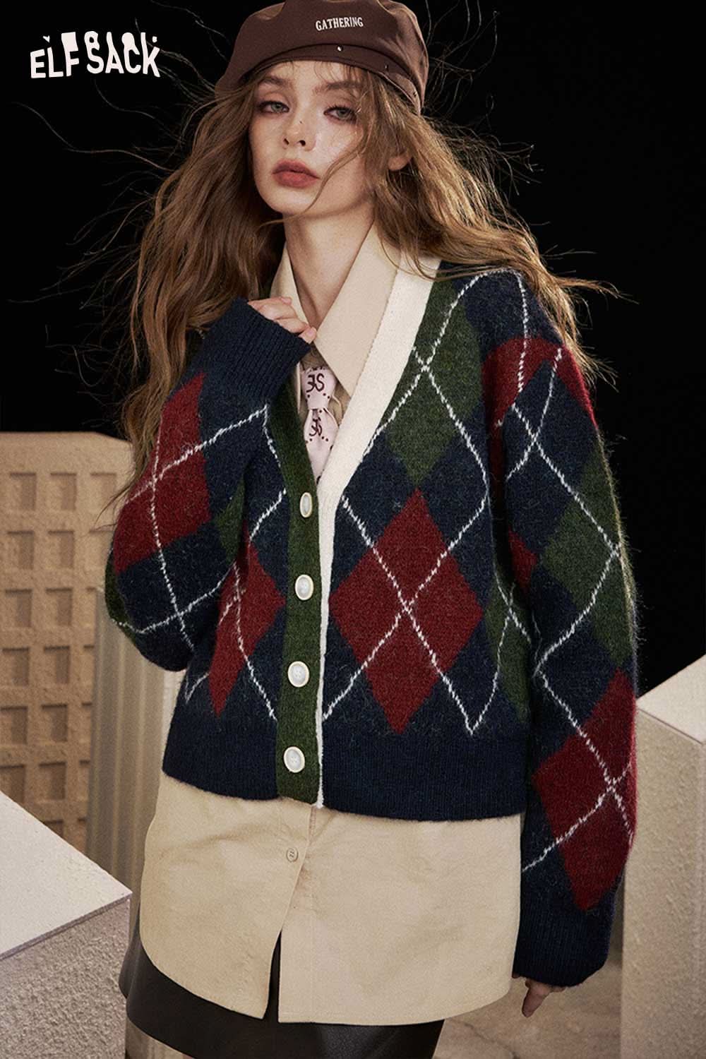 ELFSACK diamond pattern v neck sweater in navy green and red with button detail and modern style