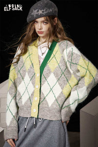 ELFSACK diamond pattern v neck sweater with colorful diamonds and button-down front