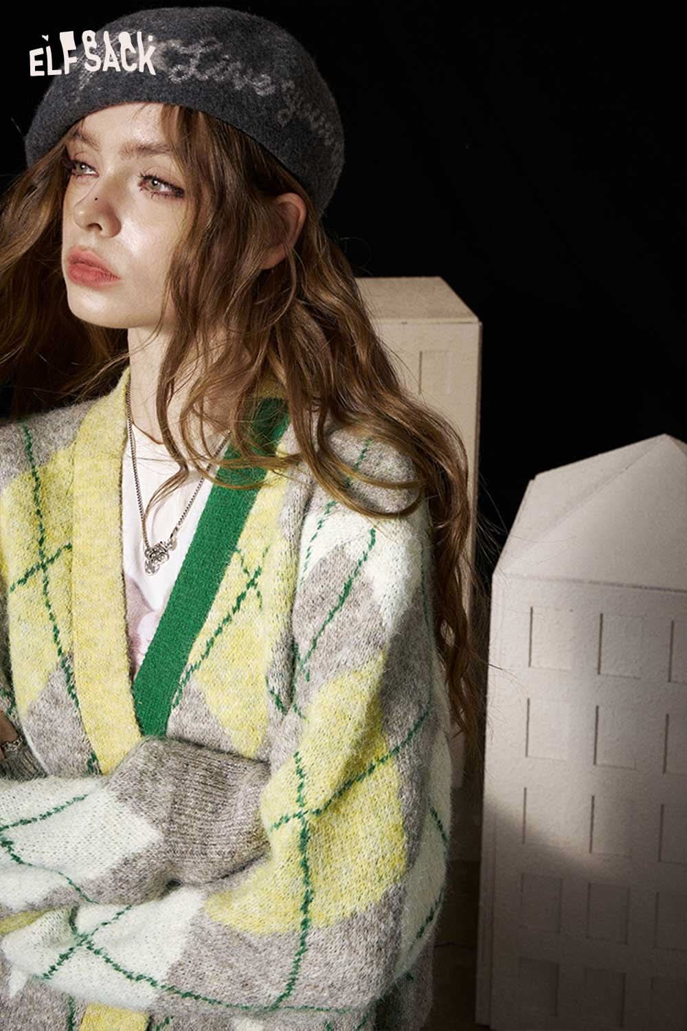 ELFSACK diamond pattern v neck sweater in yellow and green, perfect for stylish layering in any season