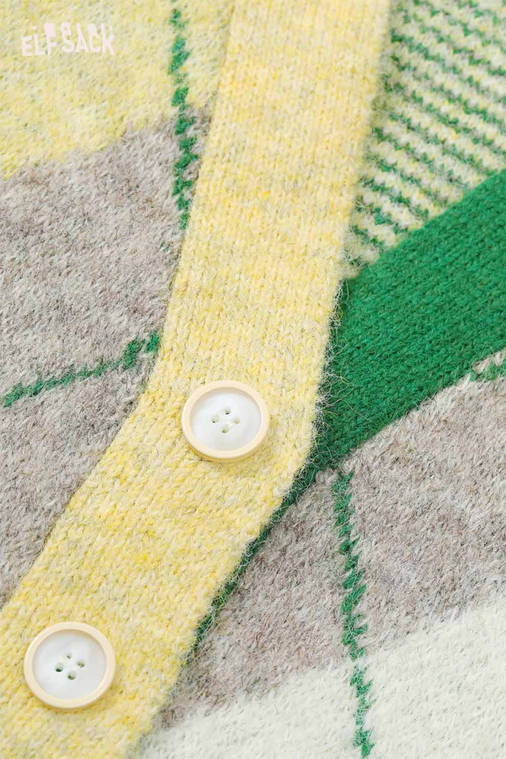 ELFSACK diamond pattern v neck sweater with yellow and green accents and button details