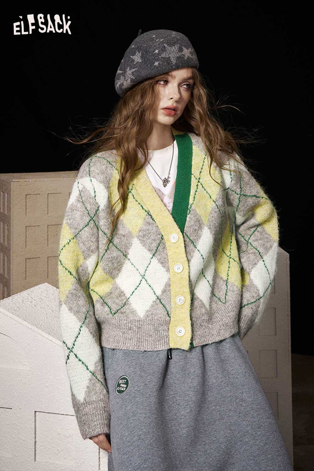 ELFSACK diamond pattern v neck sweater in yellow and gray with button closure and cozy fit