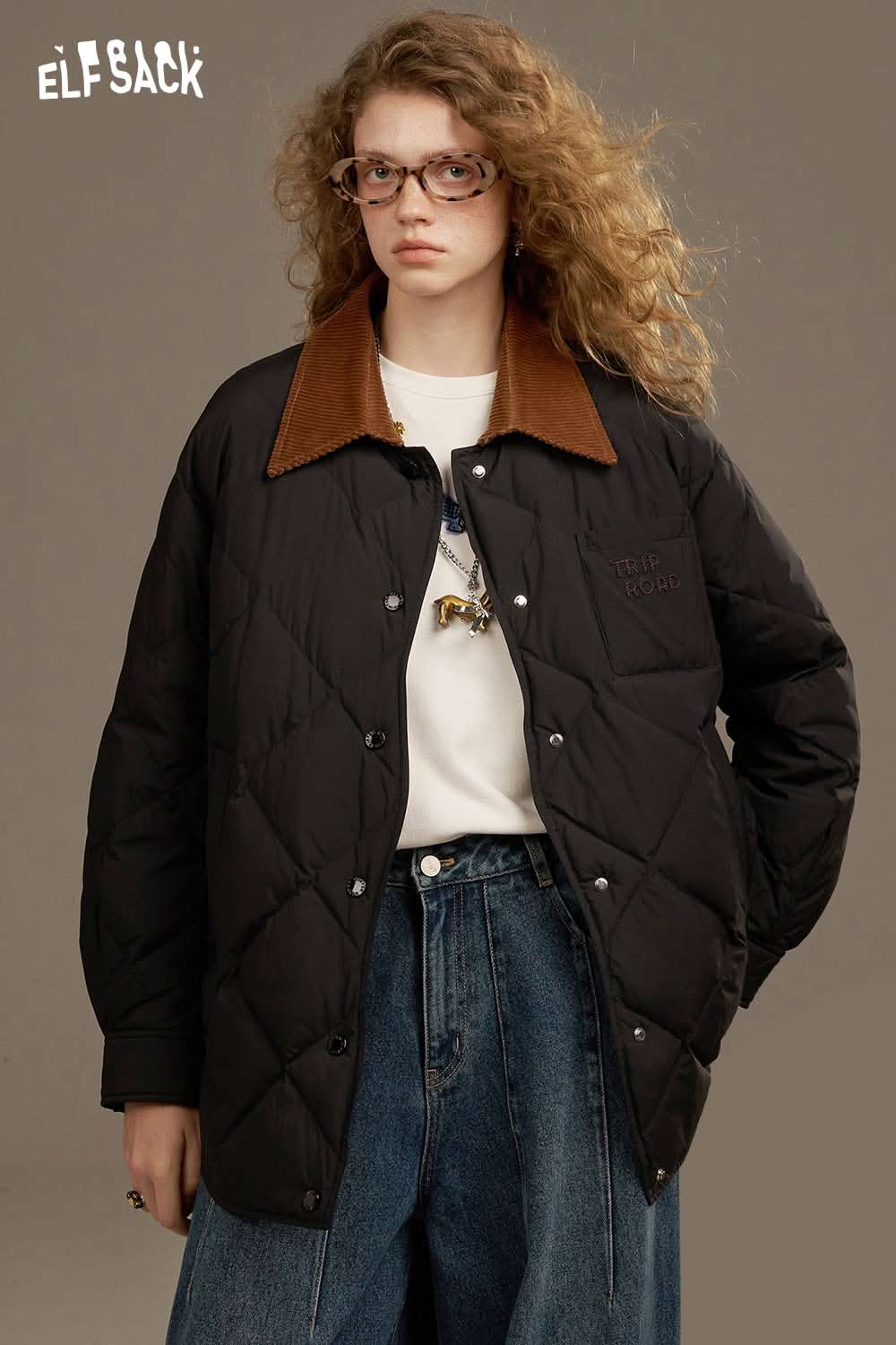ELFSACK diamond quilted down coat in black with brown collar and relaxed fit for stylish warmth