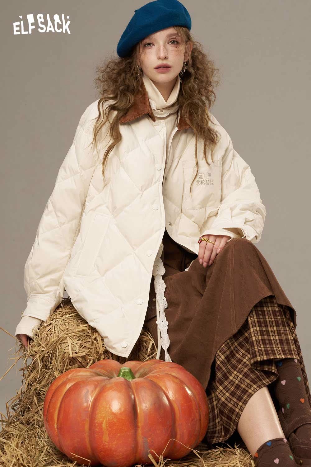 Stylish ELFSACK diamond quilted down coat in cream with brown collar, perfect for cozy autumn outfits