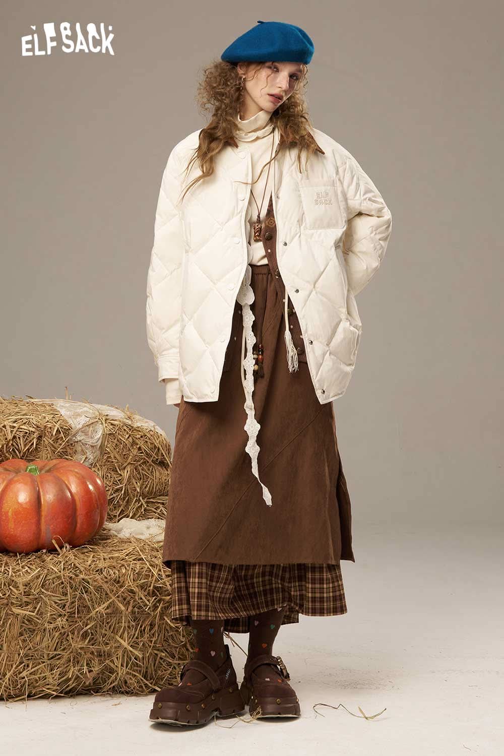 ELFSACK Diamond Quilted Down Coat in Cream with Stylish, Relaxed Fit and Cozy Design