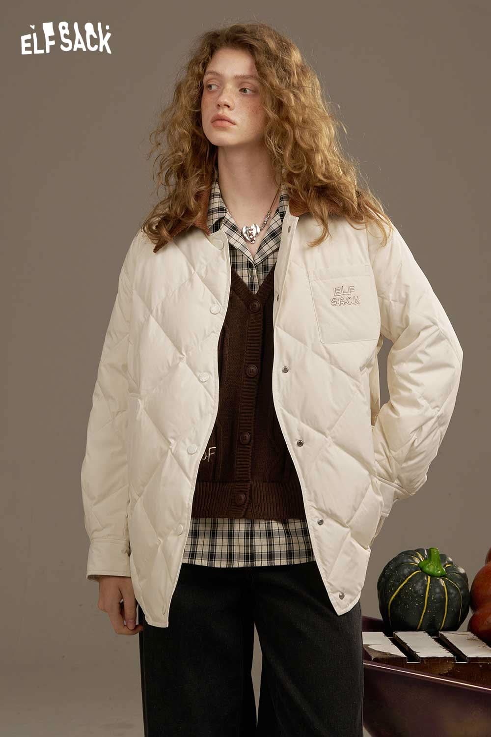 ELFSACK diamond quilted down coat in cream featuring a relaxed fit and stylish design for winter wear