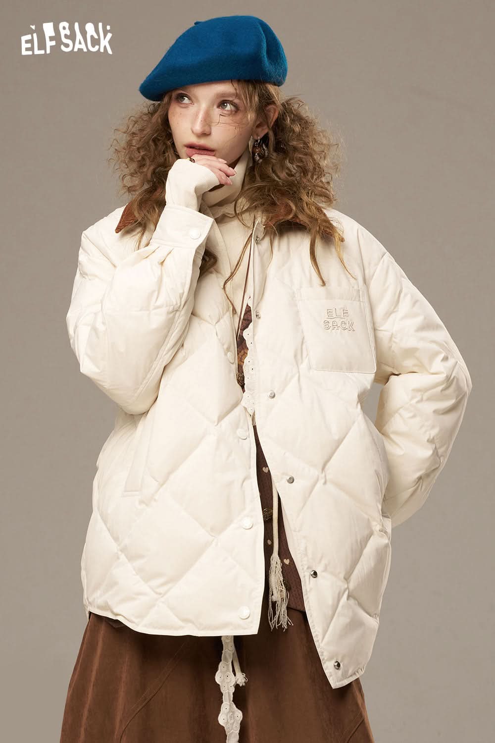 ELFSACK diamond quilted down coat in cream color with stylish oversized design for warmth and comfort