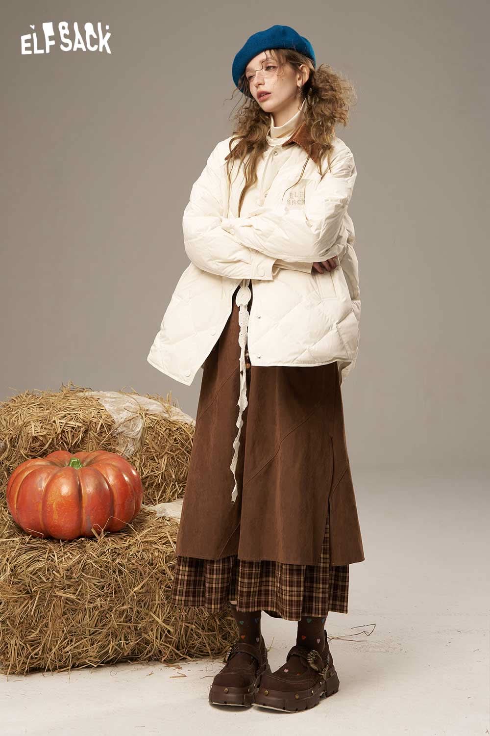 ELFSACK Diamond Quilted Down Coat in Cream with Stylish Oversized Fit for Cold Weather Fashion