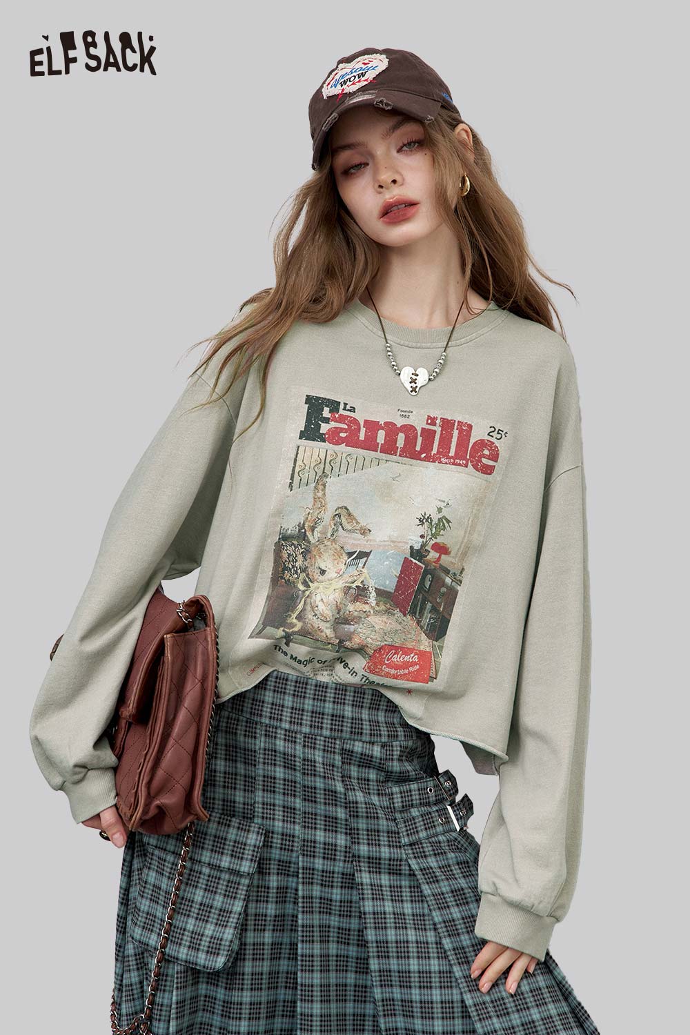 ELFSACK distressed cotton jersey long sleeve tee with vintage print and relaxed fit for a stylish look