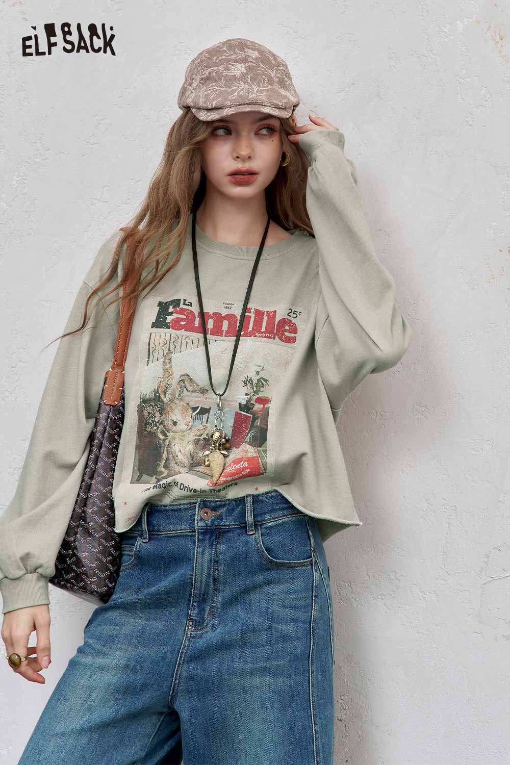ELFSACK distressed cotton jersey long sleeve tee in light green with vintage graphic design