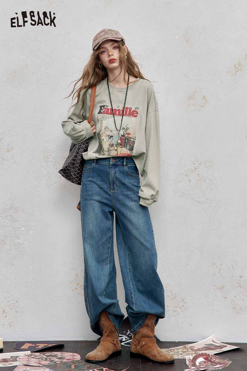 ELFSACK distressed cotton jersey long sleeve tee in green with vintage print, paired with wide-leg jeans