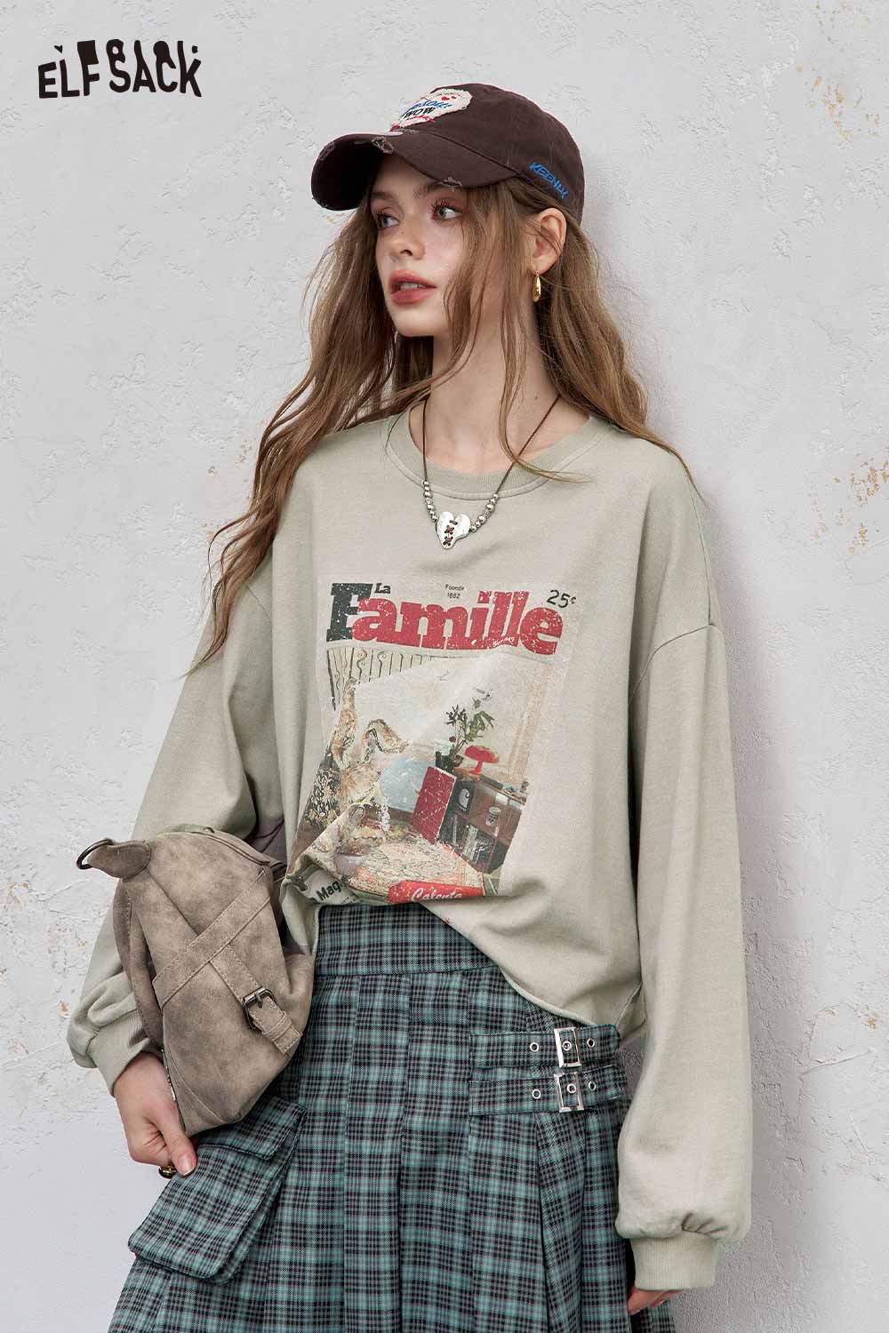 ELFSACK distressed cotton jersey long sleeve tee in green with graphic print and relaxed fit