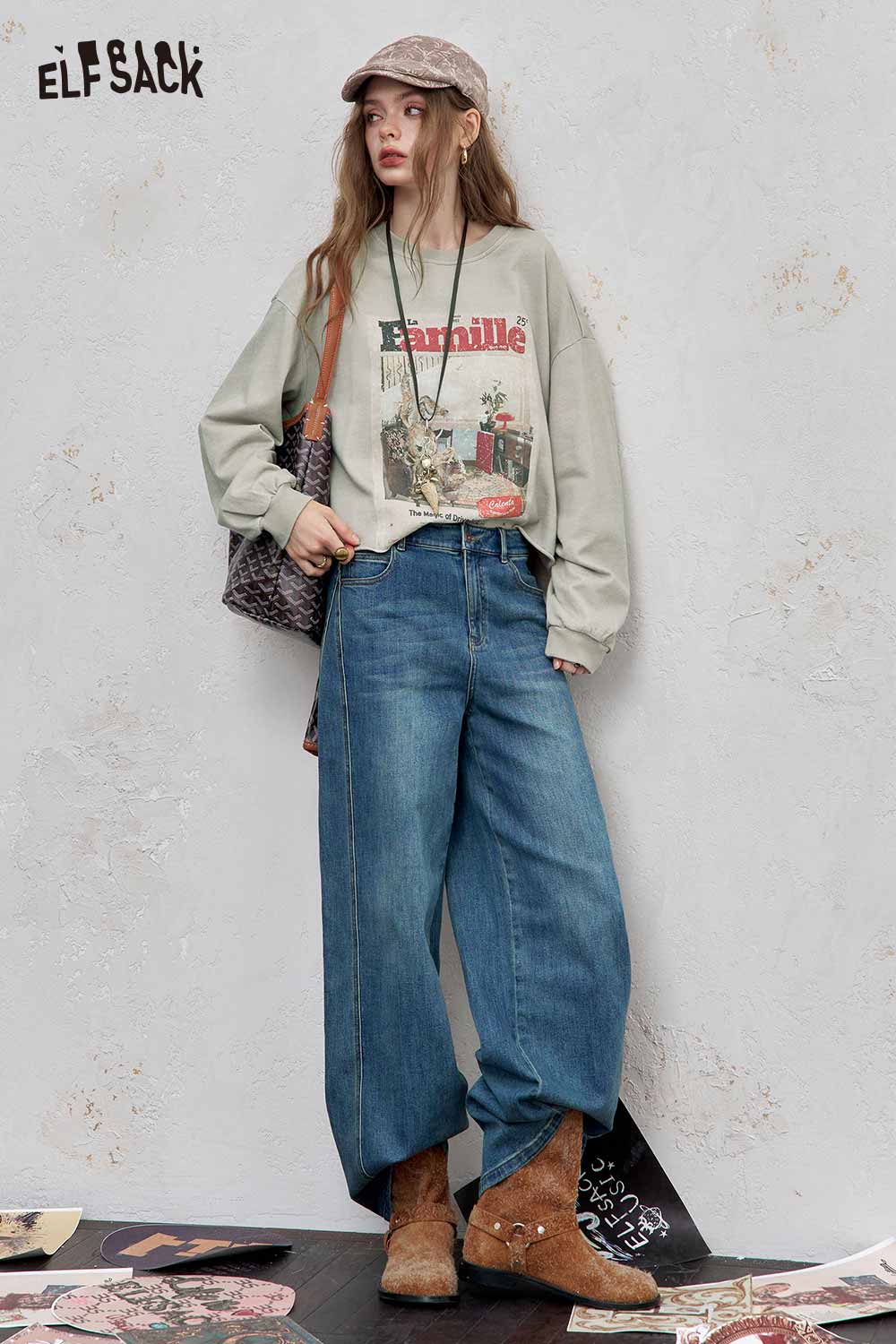 ELFSACK distressed cotton jersey long sleeve tee styled with loose denim and a cap for a casual look