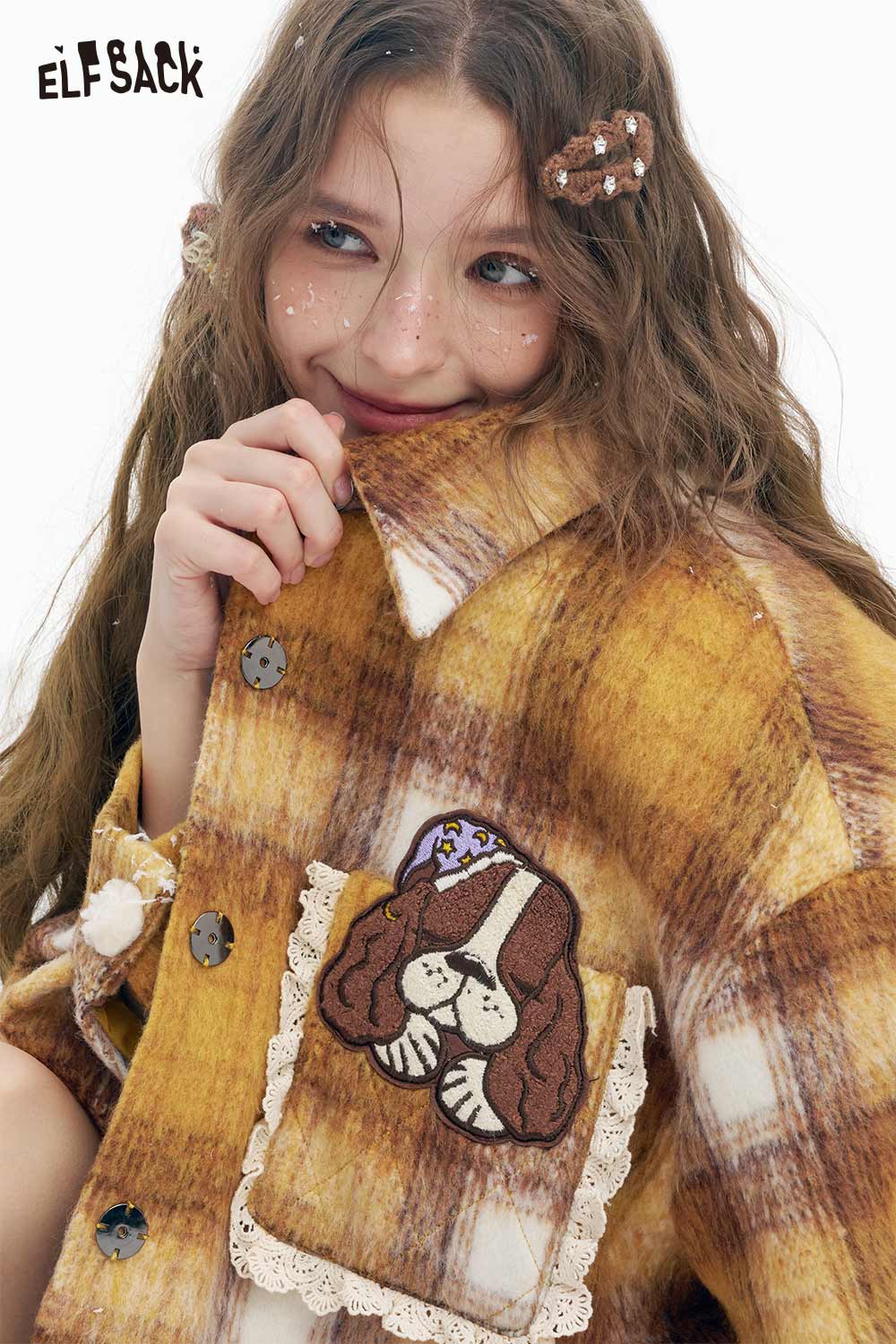 ELFSACK dog graphic plaid coat for women in yellow with embroidered dog design on pocket