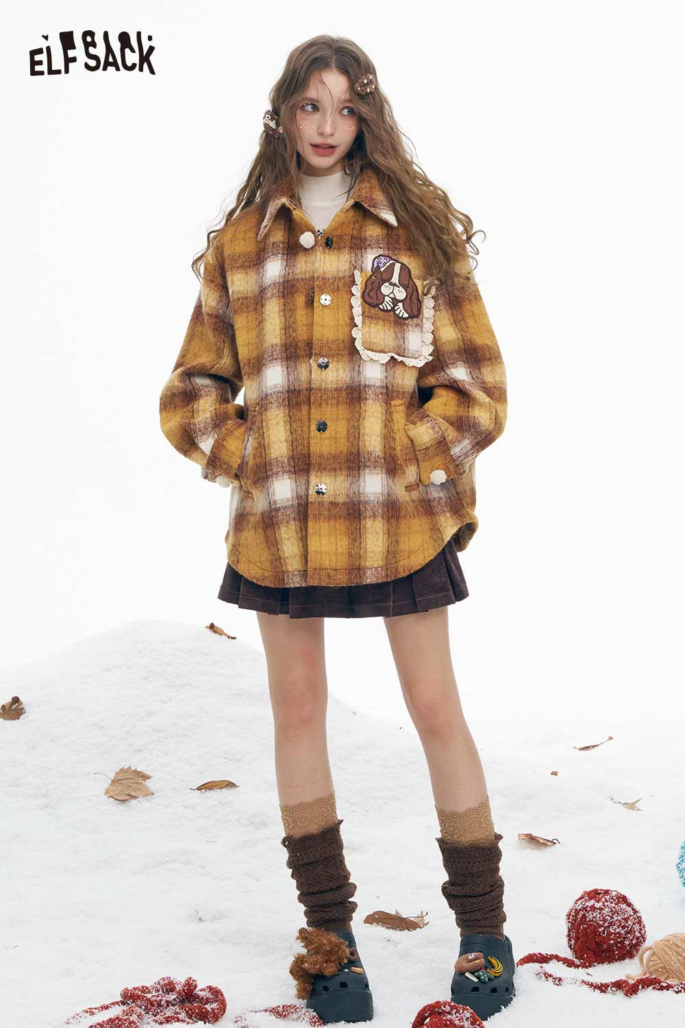 ELFSACK dog graphic plaid coat for women featuring a stylish oversized fit with dog embroidery