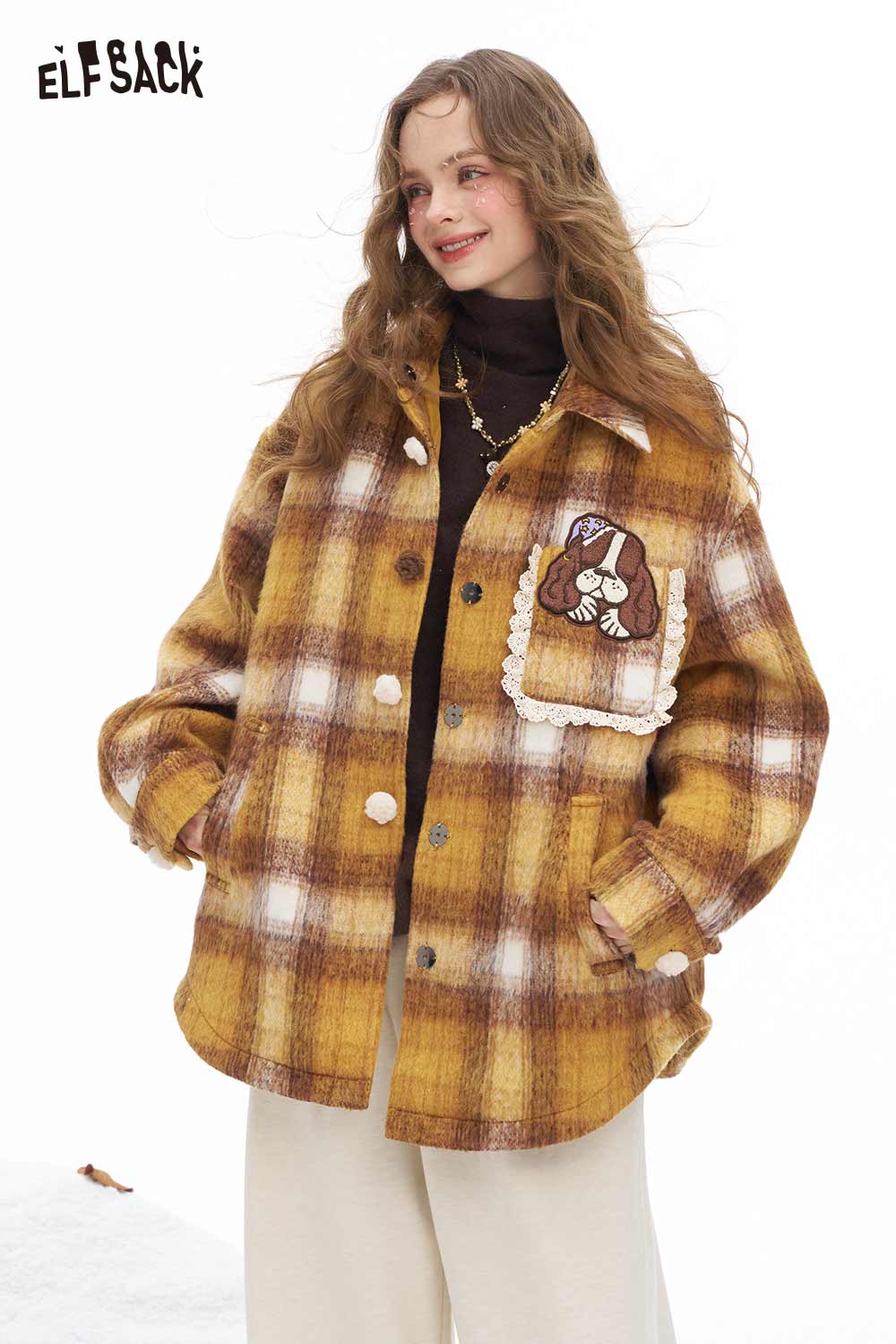 ELFSACK dog graphic plaid coat for women in yellow and brown with a stylish pockets