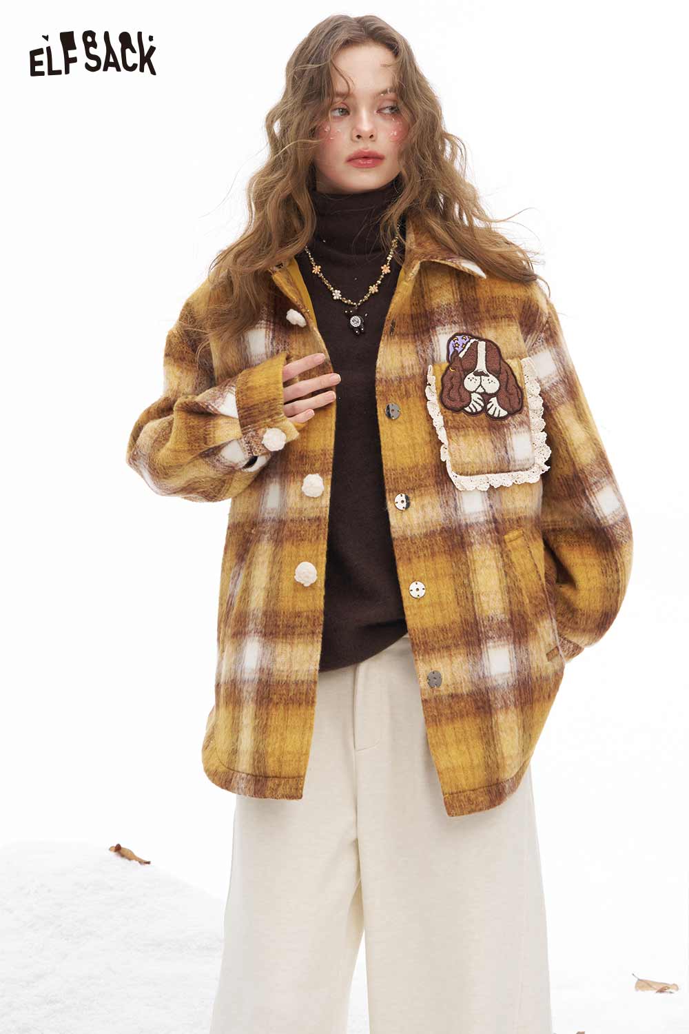 ELFSACK dog graphic plaid coat for women featuring a stylish design with a dog motif