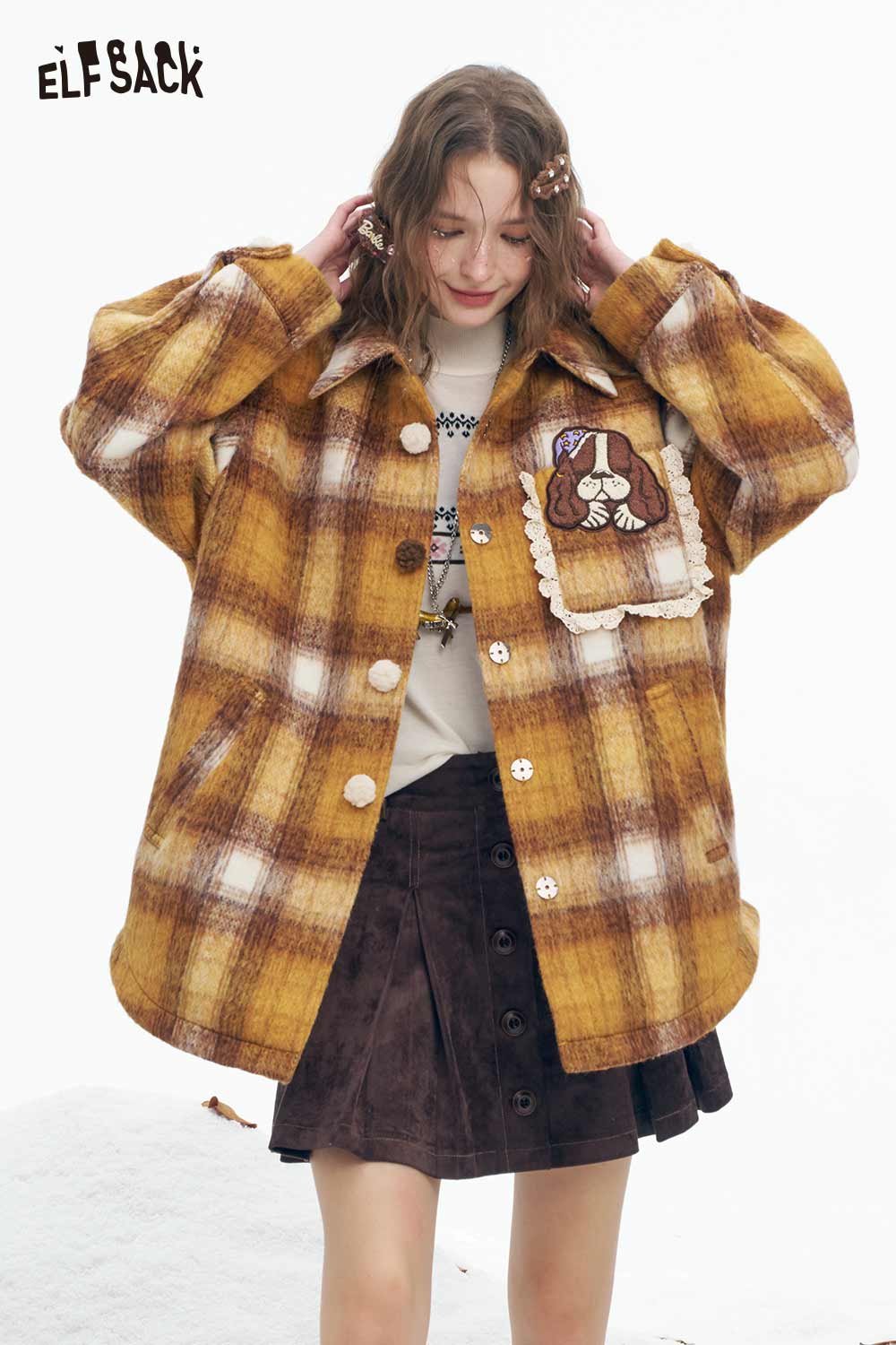 ELFSACK dog graphic plaid coat for women in yellow and brown with a relaxed fit and patch detail.