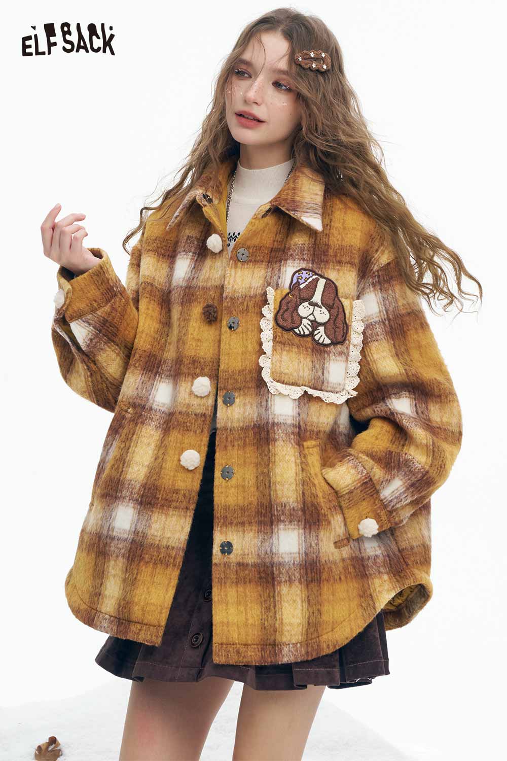 ELFSACK dog graphic plaid coat for women in yellow and brown with oversized fit and unique pocket design