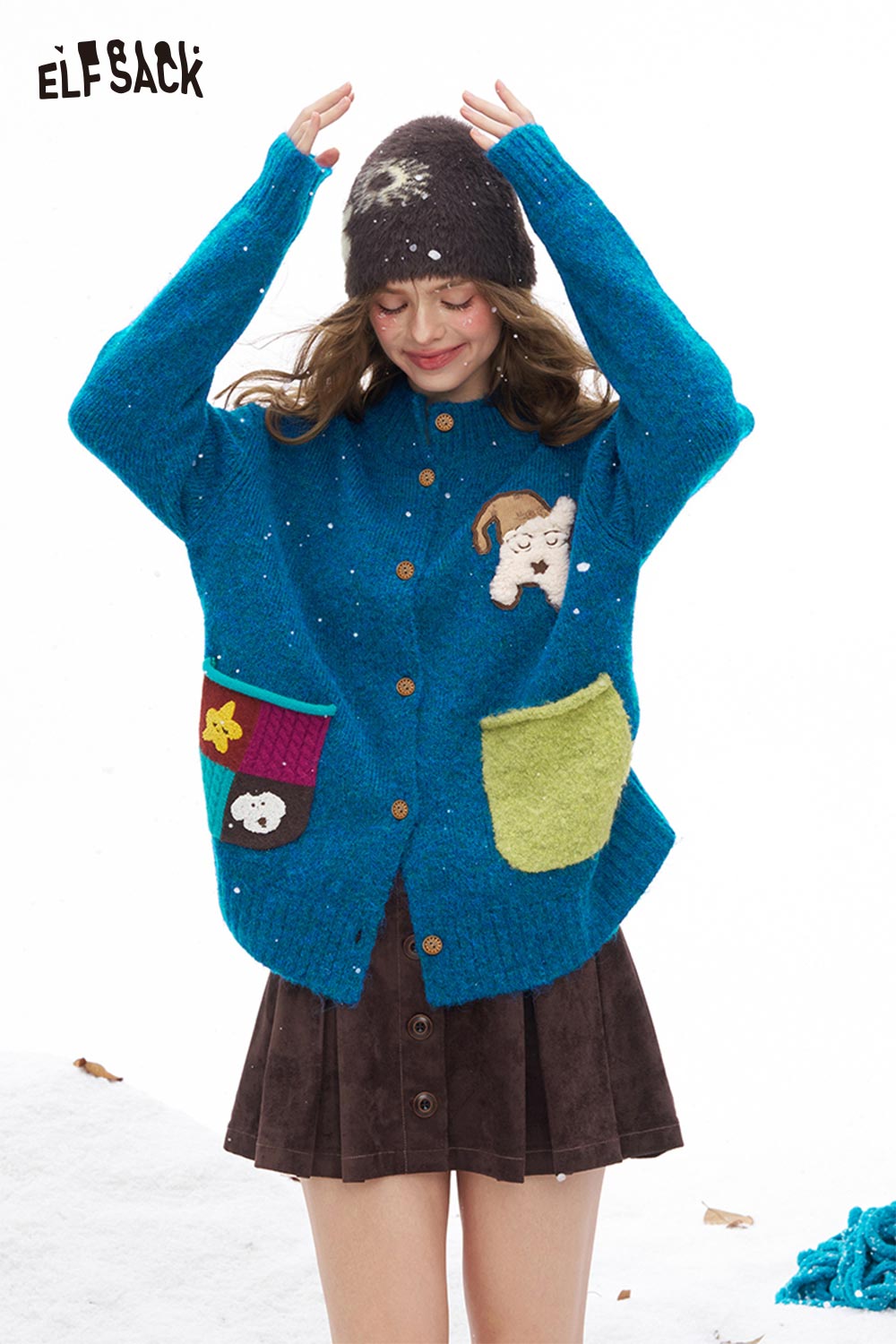 ELFSACK dog graphic sweater for women featuring a playful design with colorful pockets