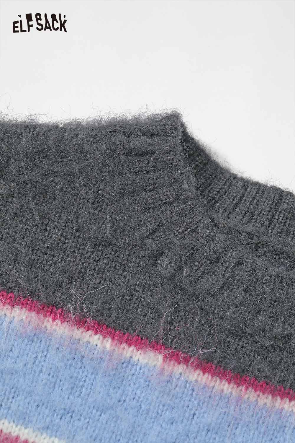 ELFSACK dog graphic sweater for women in gray with colorful stripes and a cozy neckline