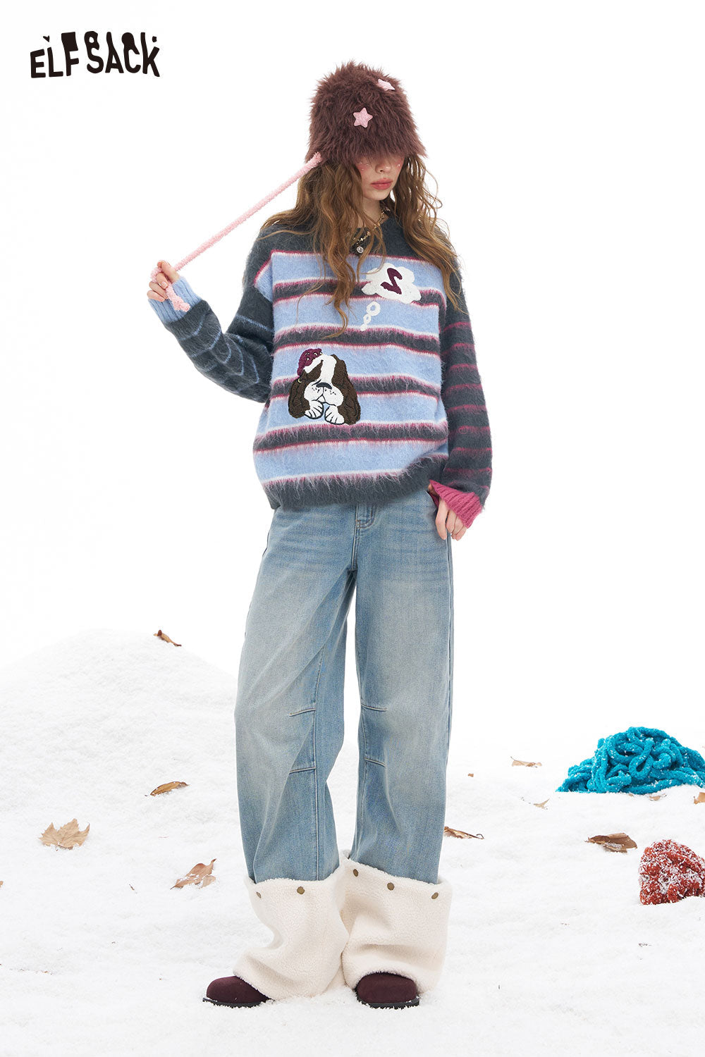 ELFSACK dog graphic sweater for women featuring a colorful design and playful dog illustration