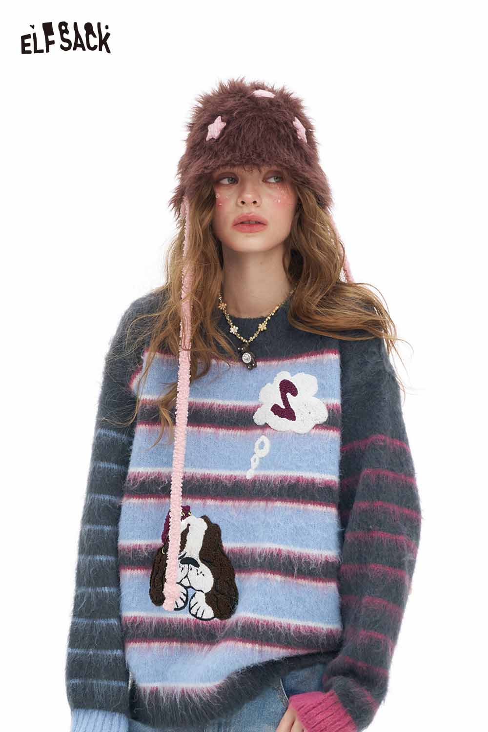 ELFSACK dog graphic sweater for women featuring colorful stripes and cute dog design