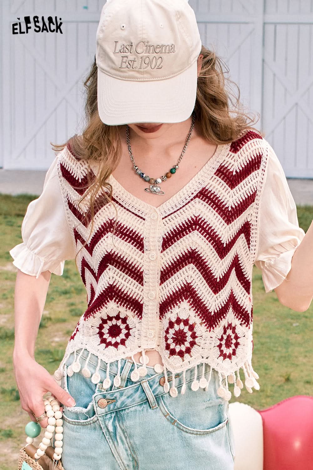 ELFSACK Dopamine Cardigan with Chevron Pattern and Tassel Hem for a Trendy Summer Look