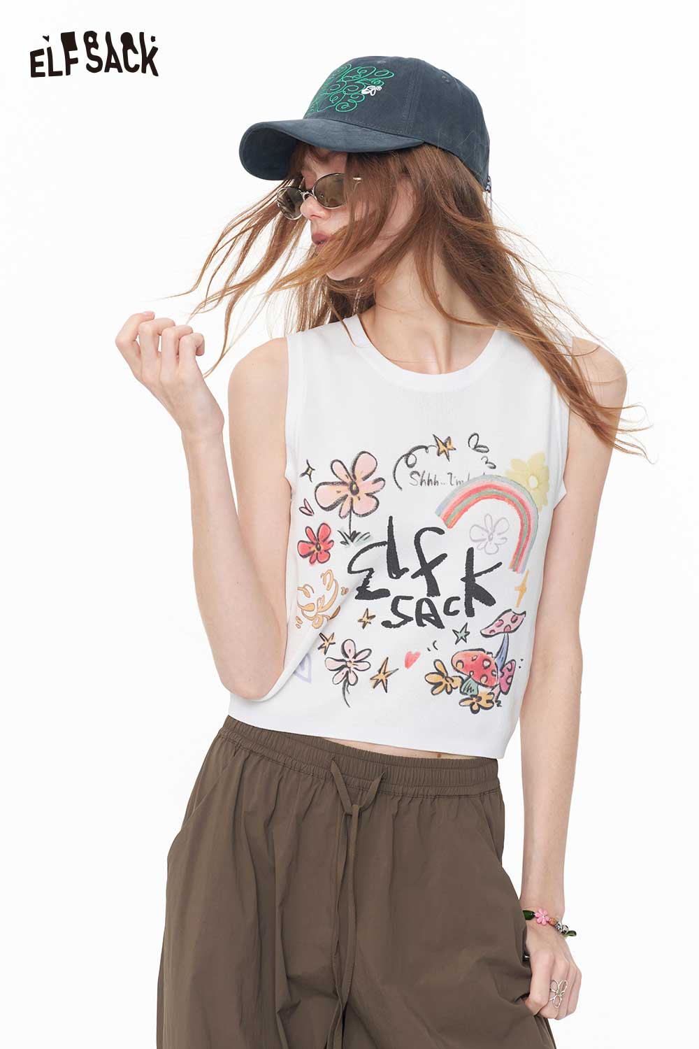 ELFSACK Dopamine Rainbow Print Cropped Tank Top