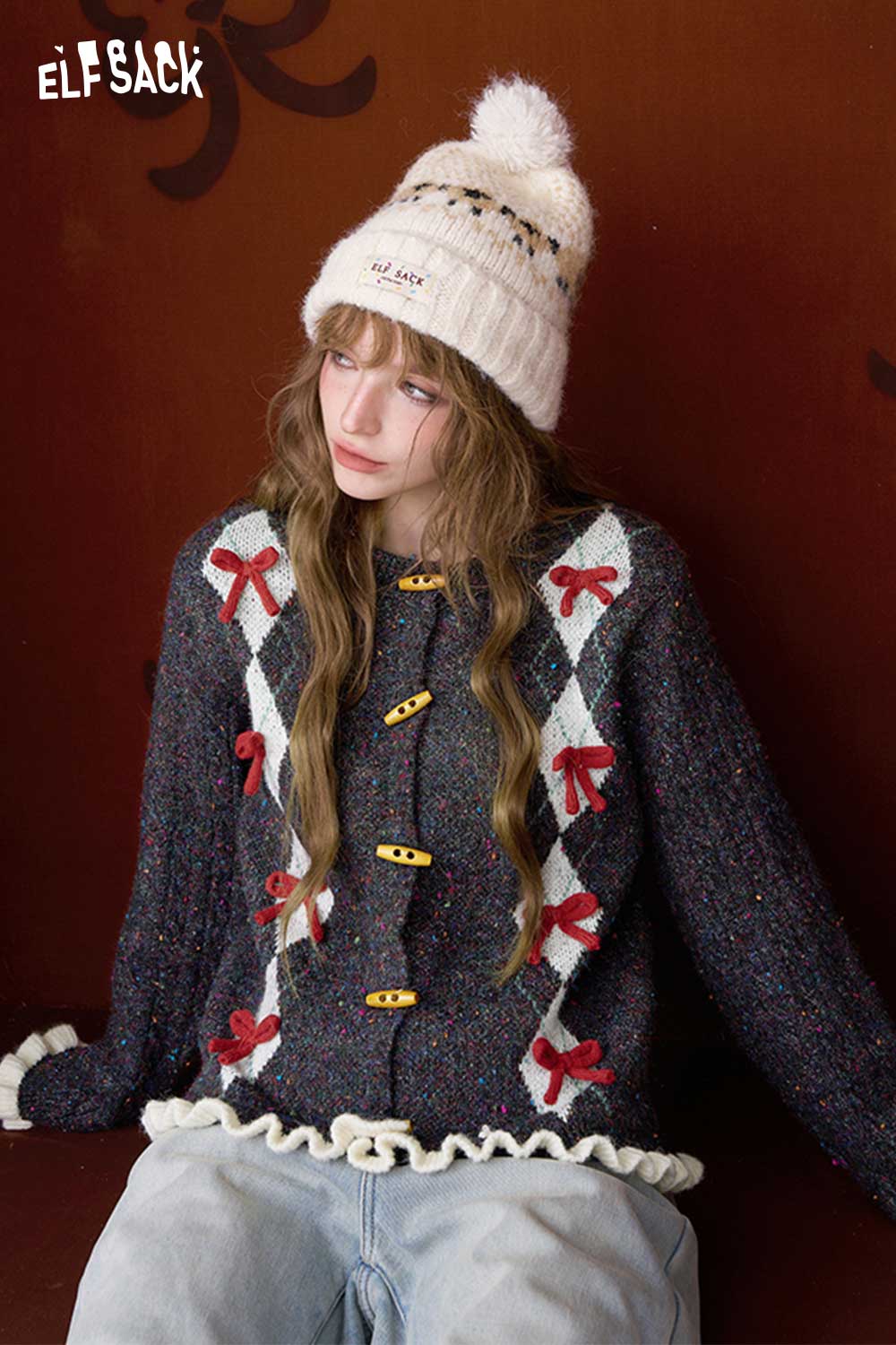 ELFSACK double breasted bow sweater featuring colorful bows and a stylish ruffled hem