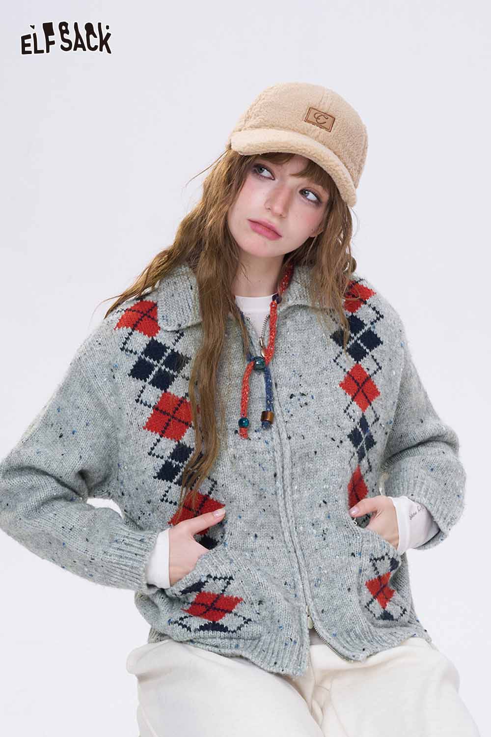 ELFSACK double breasted quilted knit cardigan in gray with red plaid design and cozy collar