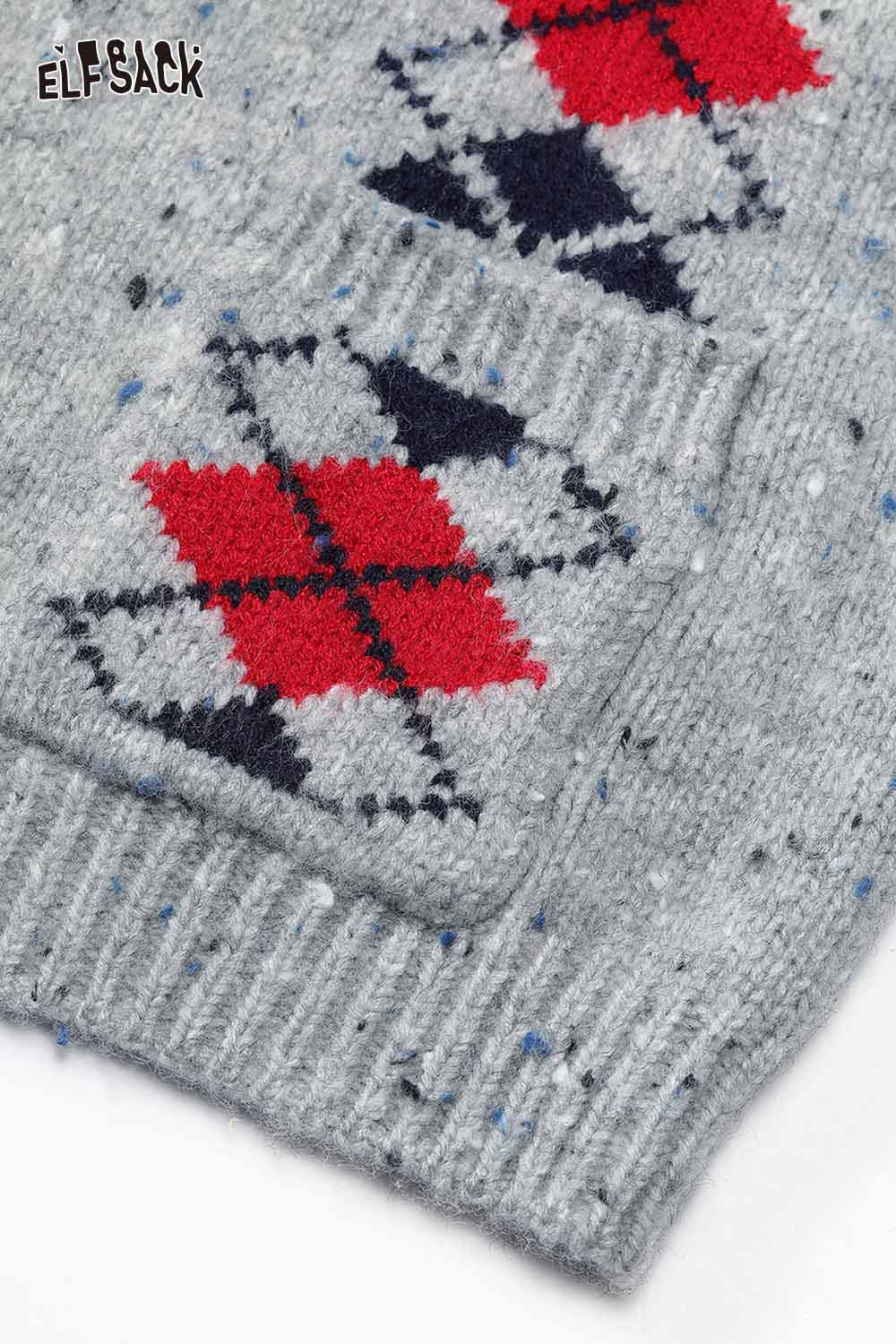 ELFSACK double breasted quilted knit cardigan in gray with colorful argyle pattern detail