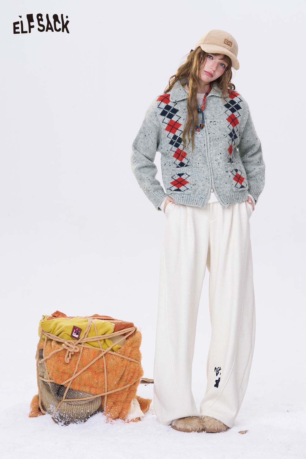 ELFSACK double breasted quilted knit cardigan styled with comfortable pants for a cozy look